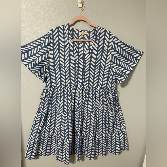 Adrift Blue Herringbone Tiered Swing Dress Babydoll Boho Prairie Cottagecore 2XL - Picture 6 of 7
